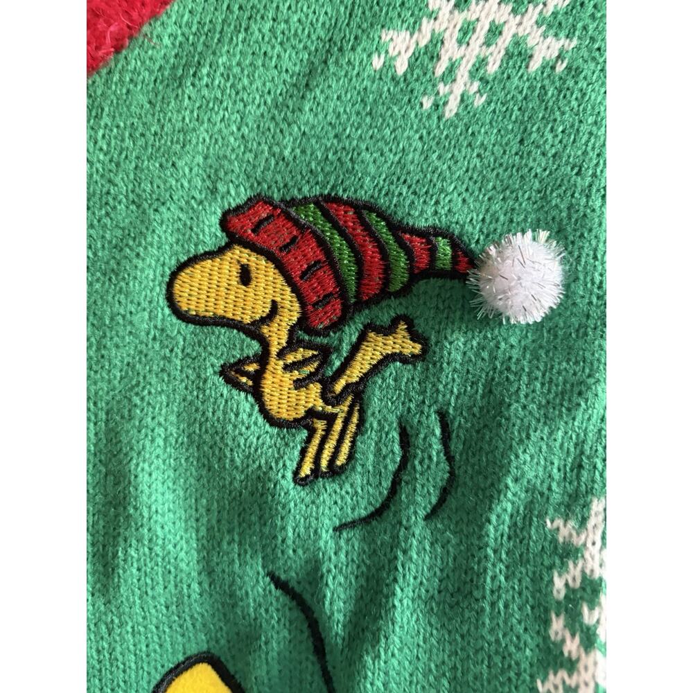 Peanuts Snoopy Woodstock Ugly Christmas Sweater Women Large Green Doghouse Fuzzy - Picture 5 of 12